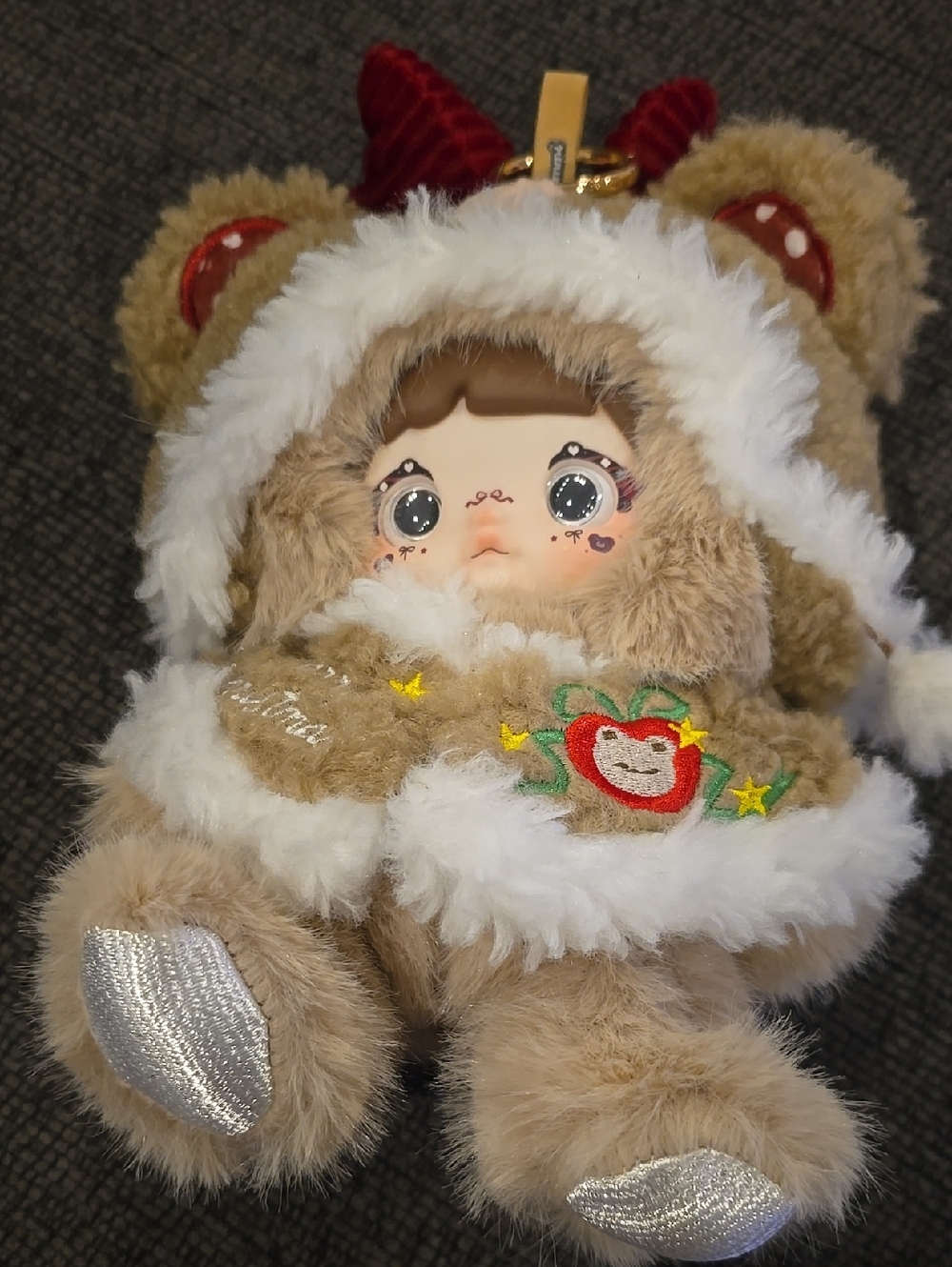 Plush Bear Hoodie Doll in Tan and White with Red Apple Bow Accent